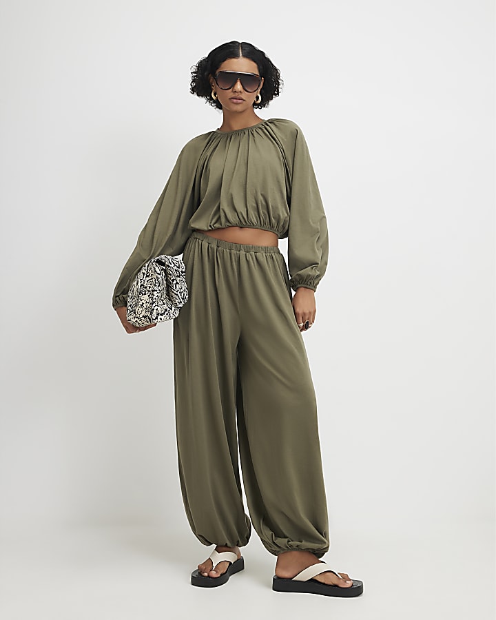 Khaki Cotton Blend Long Sleeve Bubble Hem Top