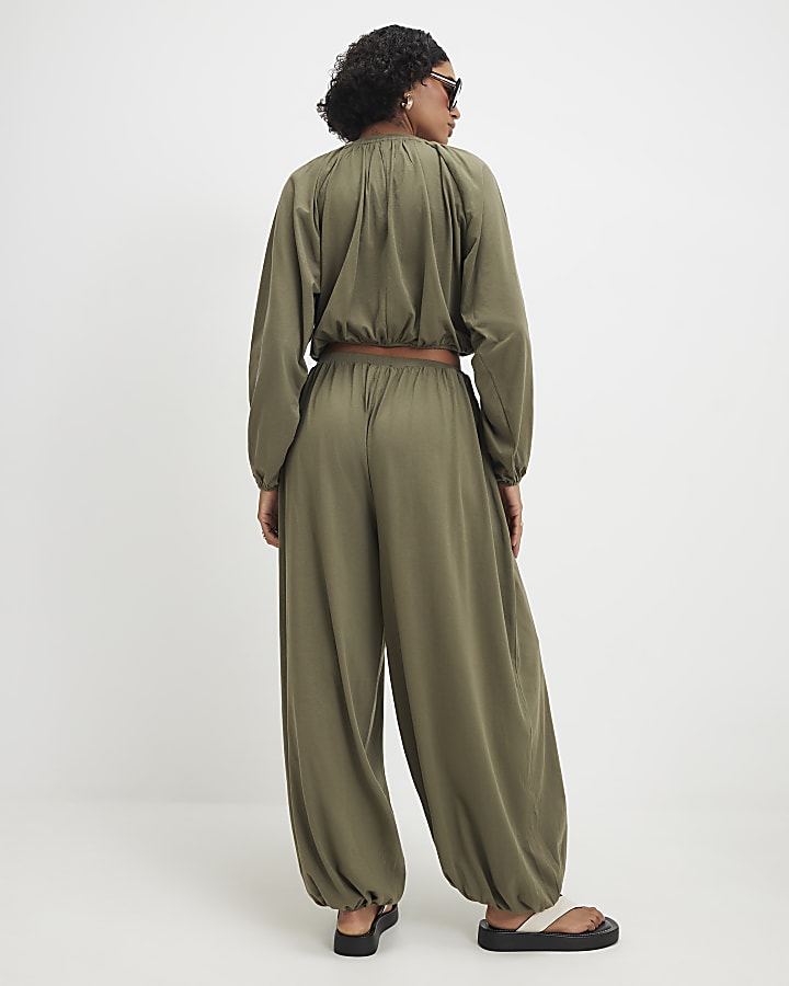 Khaki Cotton Blend Bubble Hem Trousers