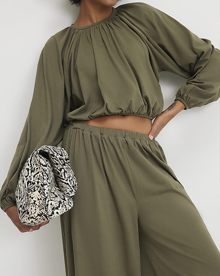 Khaki Cotton Blend Bubble Hem Trousers
