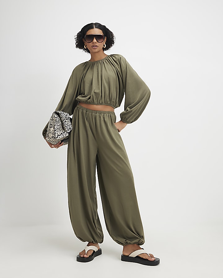 Khaki Cotton Blend Bubble Hem Trousers