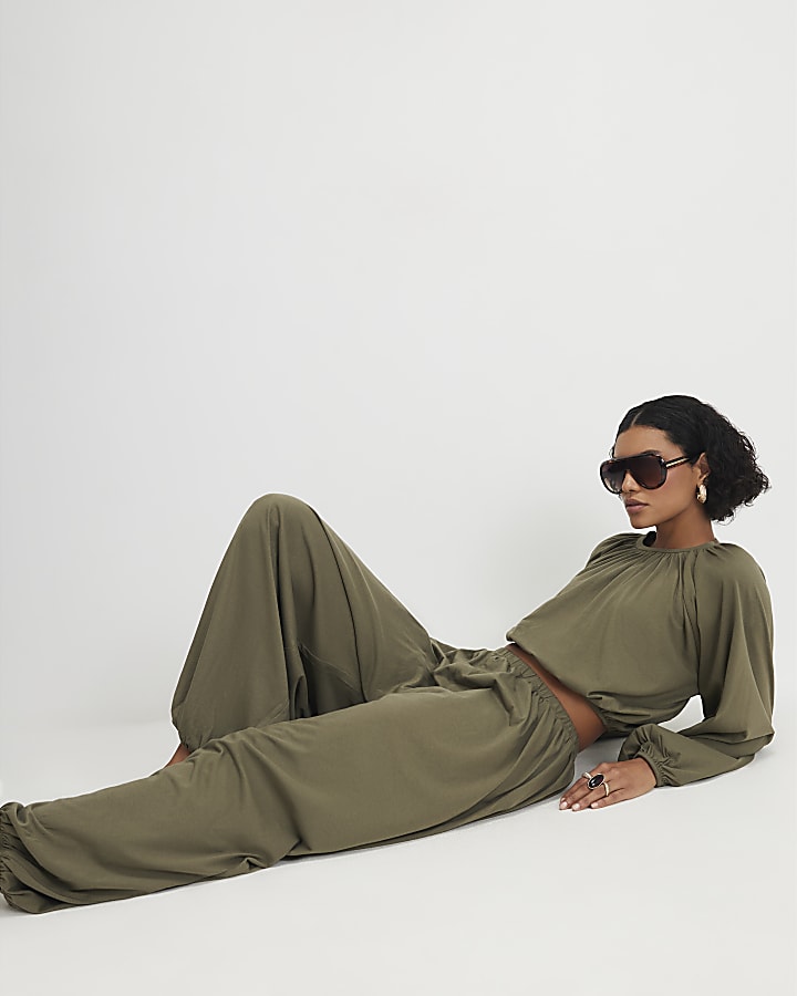 Khaki Cotton Blend Bubble Hem Trousers