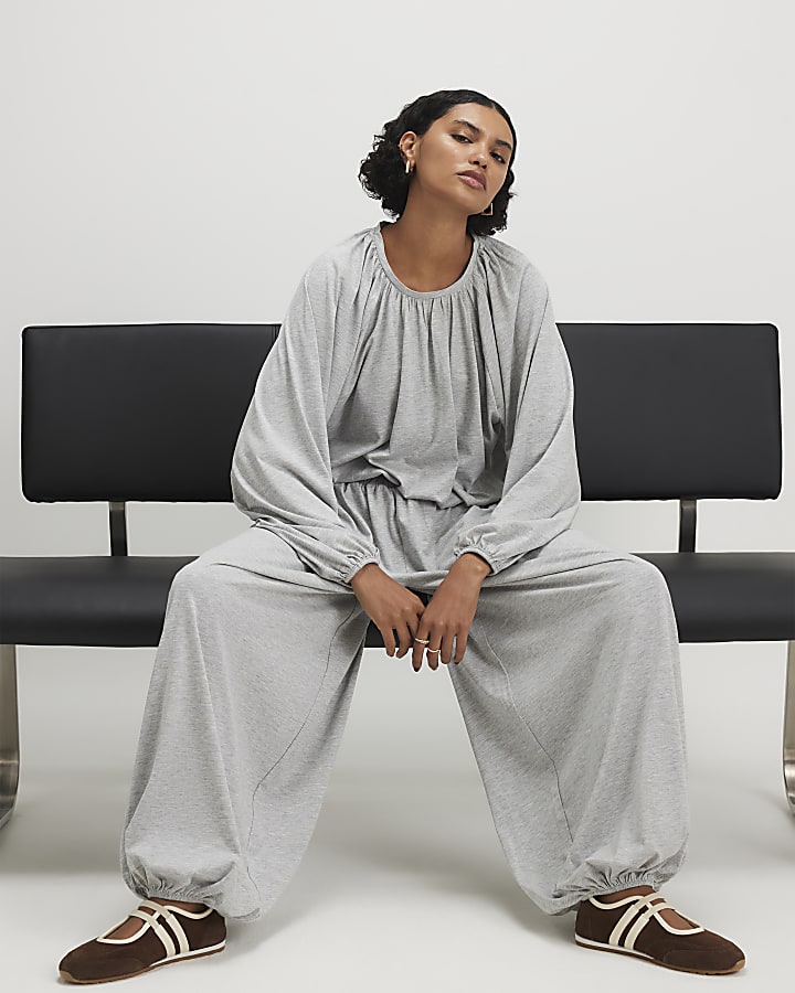 Grey Ruched Bubble Hem Trousers