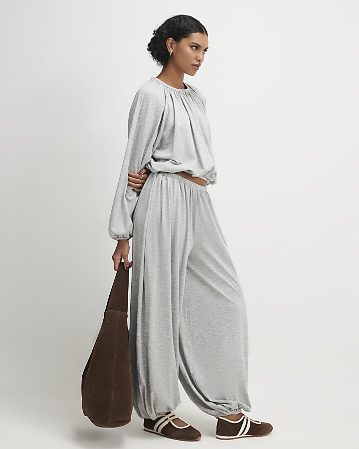 Grey Ruched Bubble Hem Trousers