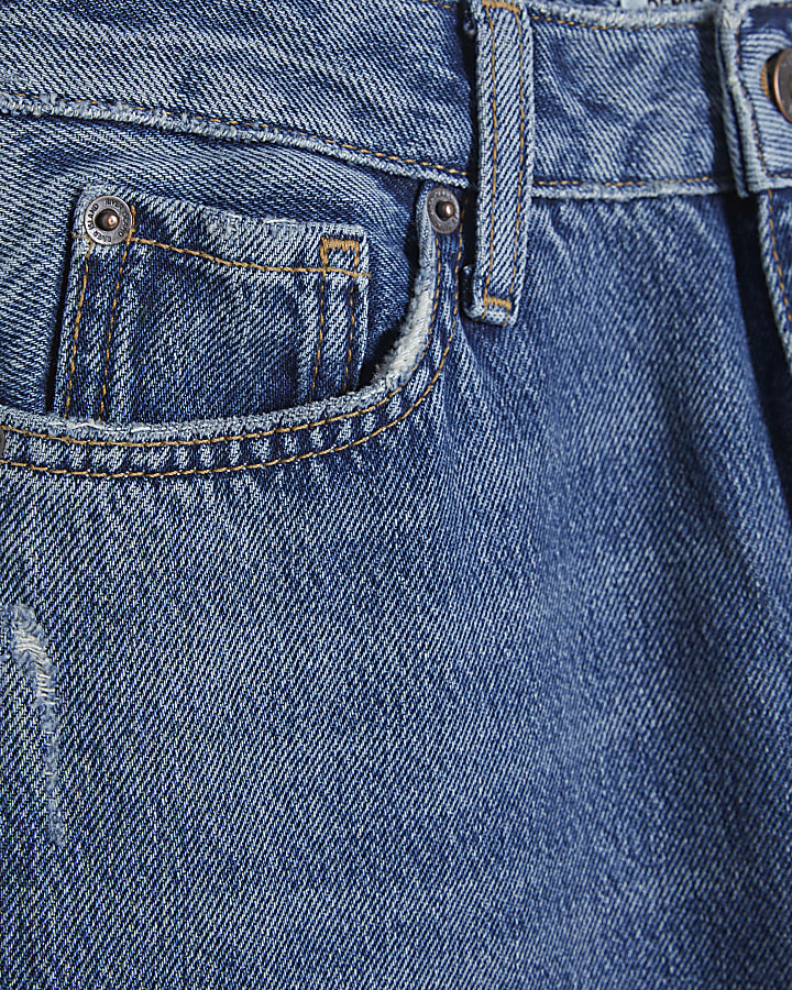 Blue Ripped Relaxed Straight Jeans