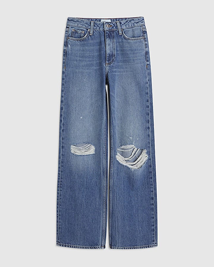 Blue Ripped Relaxed Straight Jeans