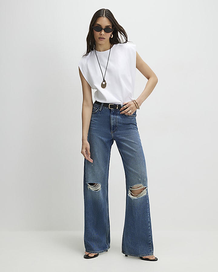 Blue Ripped Relaxed Straight Jeans