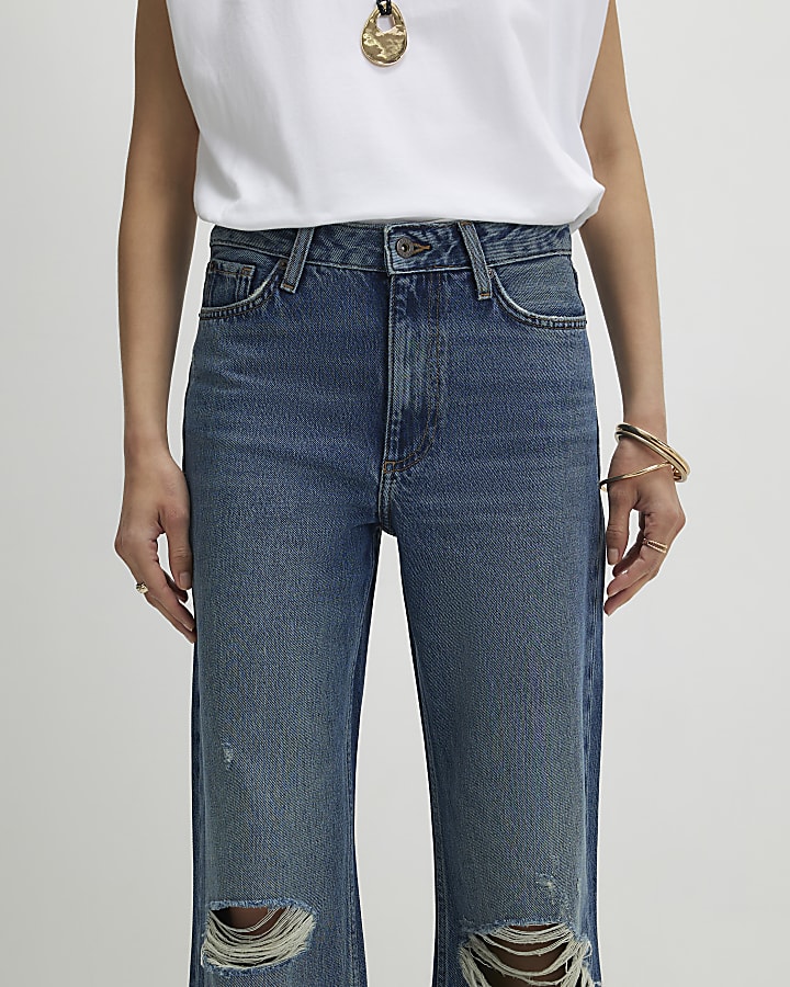 Blue Ripped Relaxed Straight Jeans