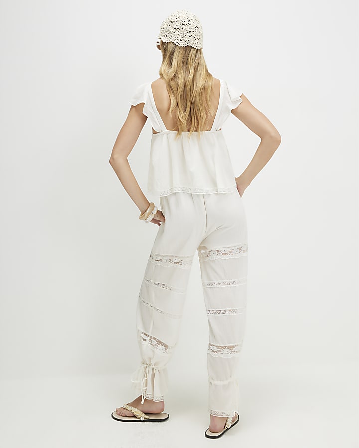 Cream Cotton Blend Lace Insert Jumpsuit