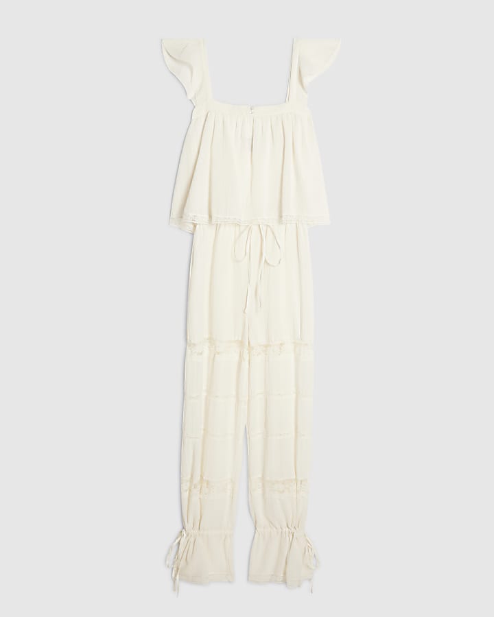 Cream Cotton Blend Lace Insert Jumpsuit