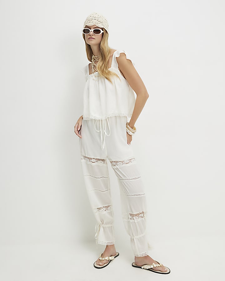 Cream Cotton Blend Lace Insert Jumpsuit