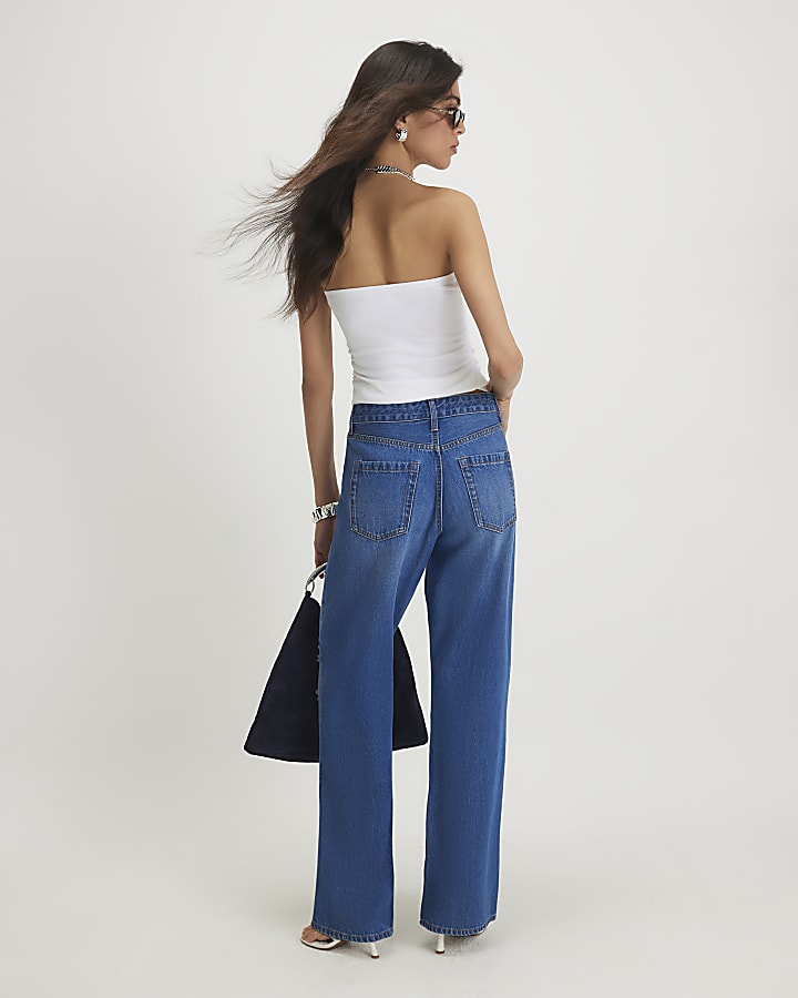 Blue Ripped Relaxed Straight Leg Jeans