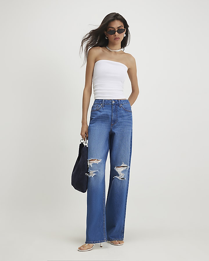 Blue Ripped Relaxed Straight Leg Jeans