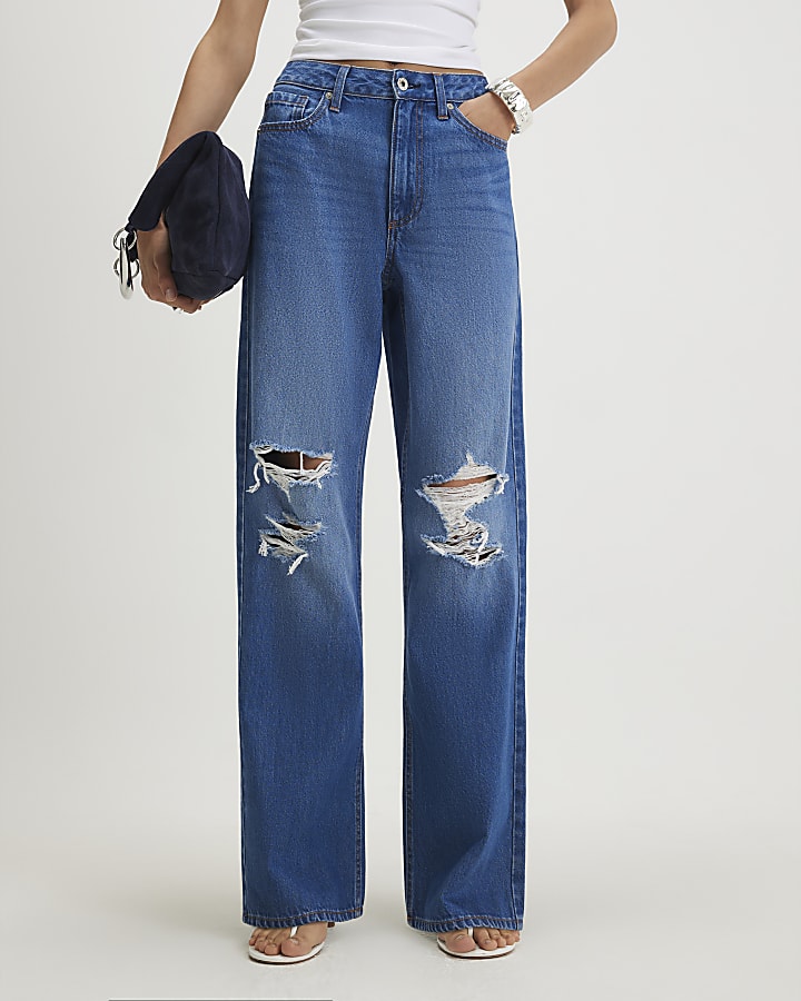 Blue Ripped Relaxed Straight Leg Jeans