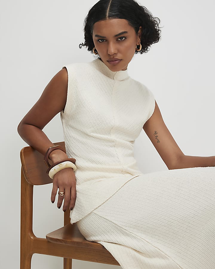 Cream Textured Grown On Neck Top