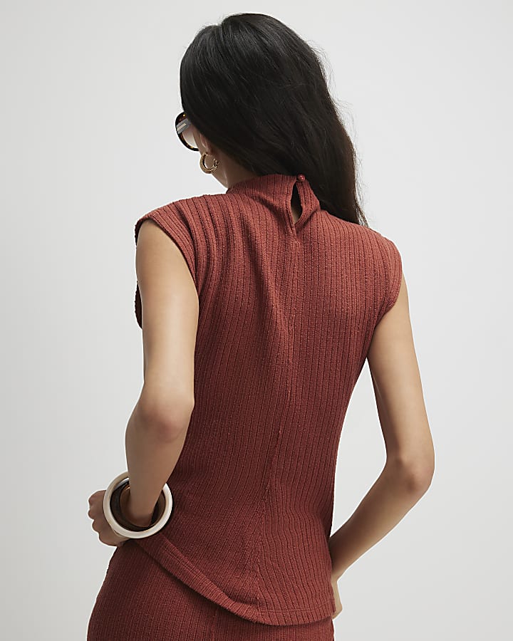 Brown Textured Grown On Neck Top