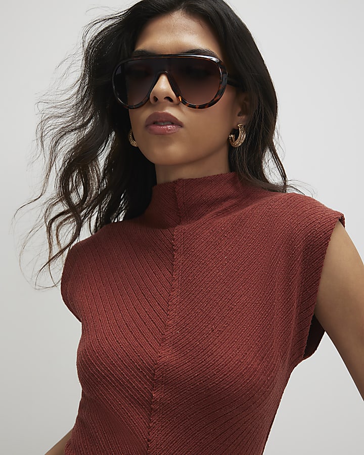 Brown Textured Grown On Neck Top