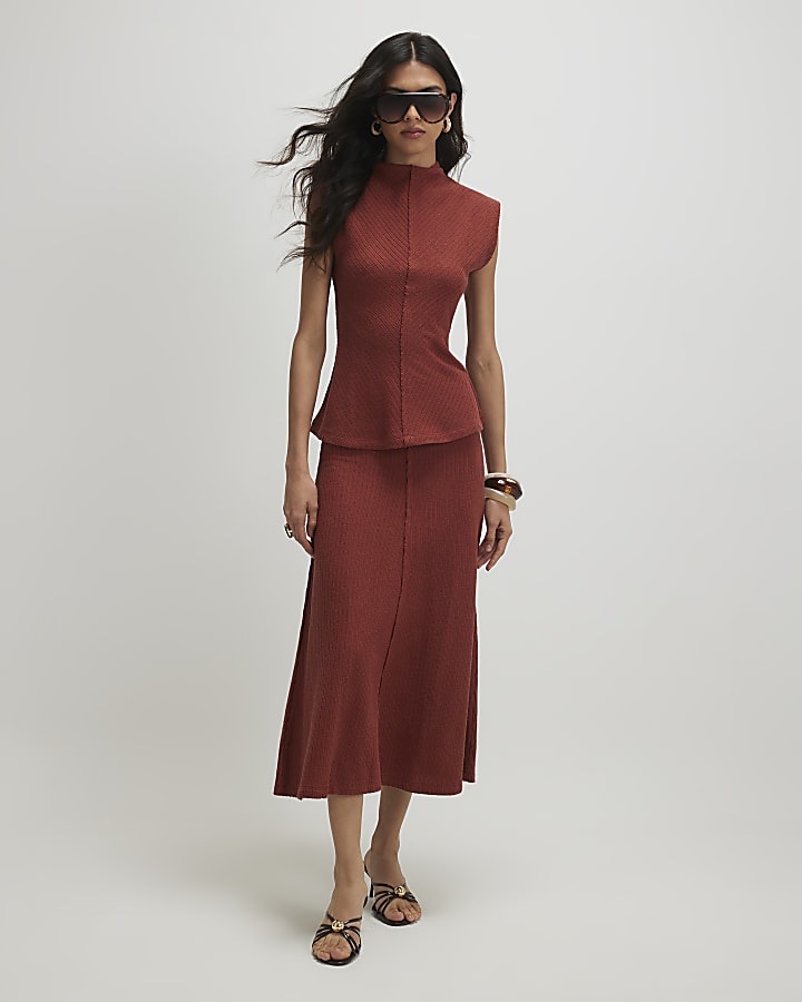 Brown Textured Grown On Neck Top