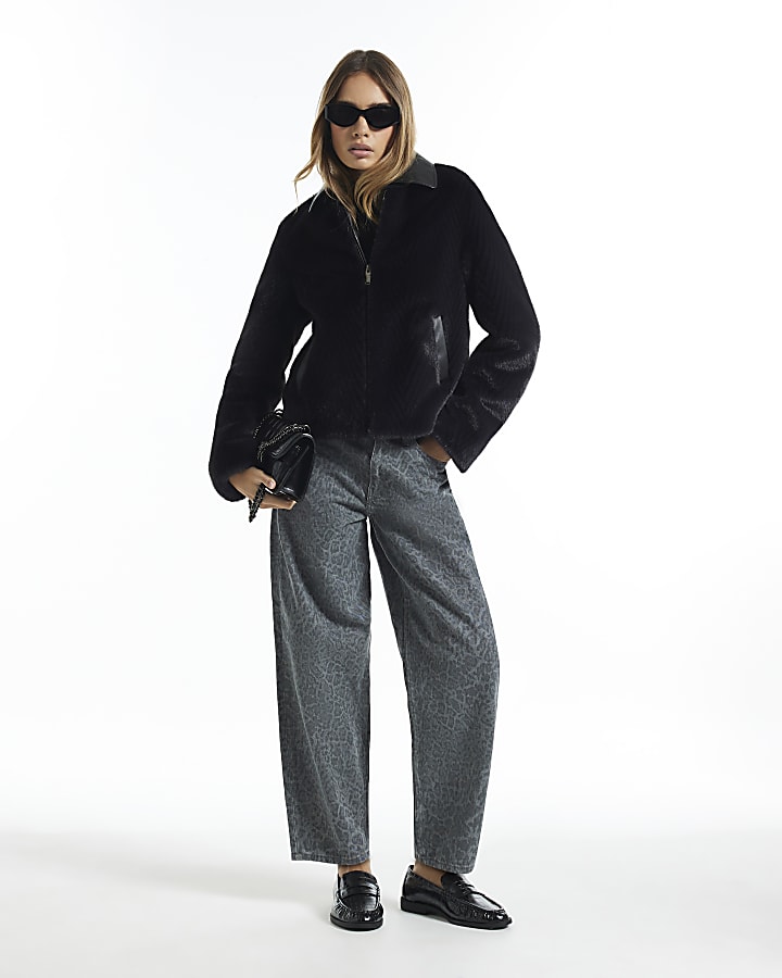 Grey Leopard Print Barrel Leg Jeans