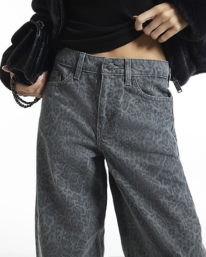 Grey Leopard Print Barrel Leg Jeans