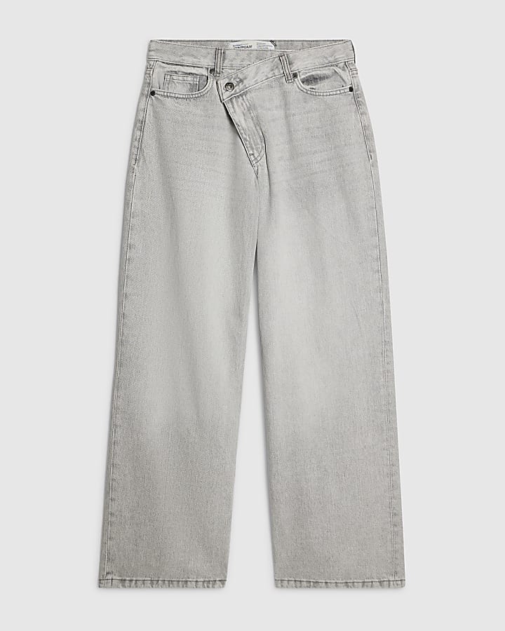 Grey Asymmetric Fly Wide Leg Jeans
