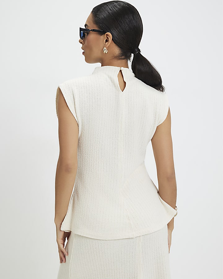 Petite Cream Textured Grown On Neck Top