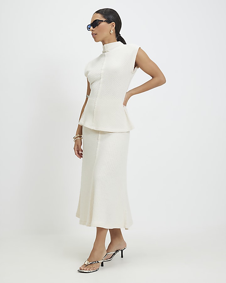 Petite Cream Textured Grown On Neck Top