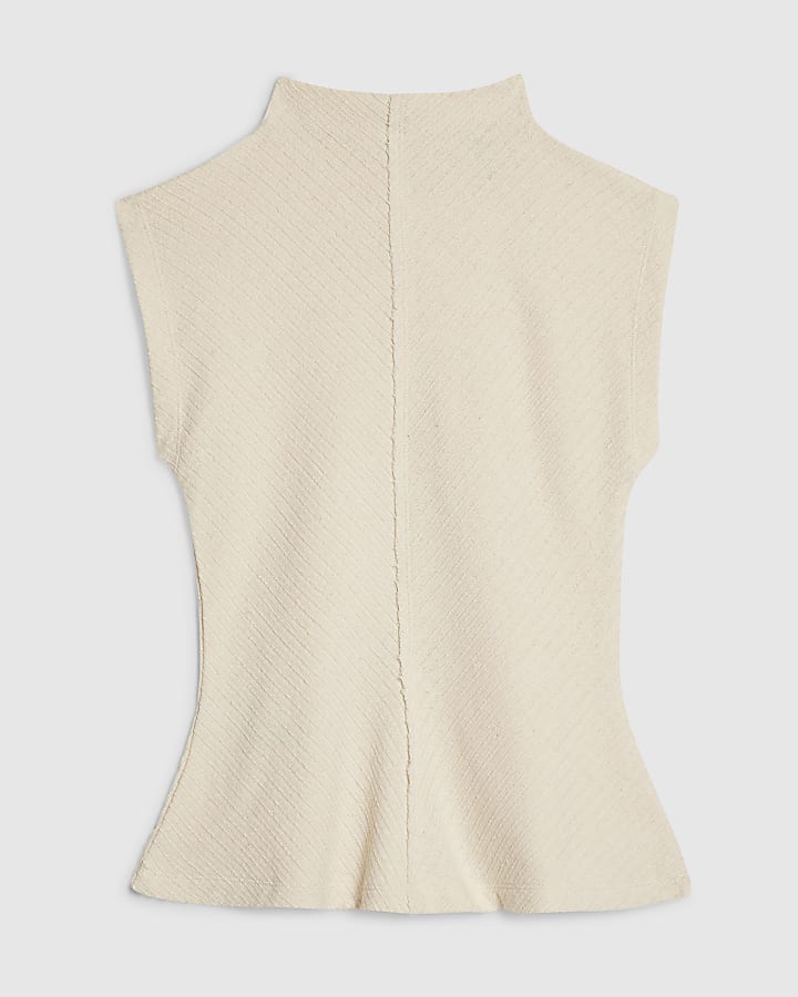 Petite Cream Textured Grown On Neck Top