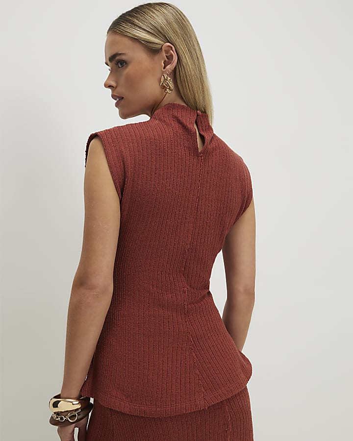 Petite Brown Textured Grown On Neck Top