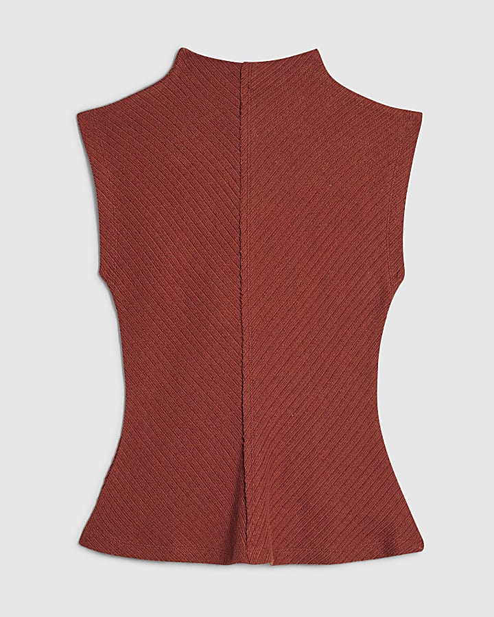 Petite Brown Textured Grown On Neck Top