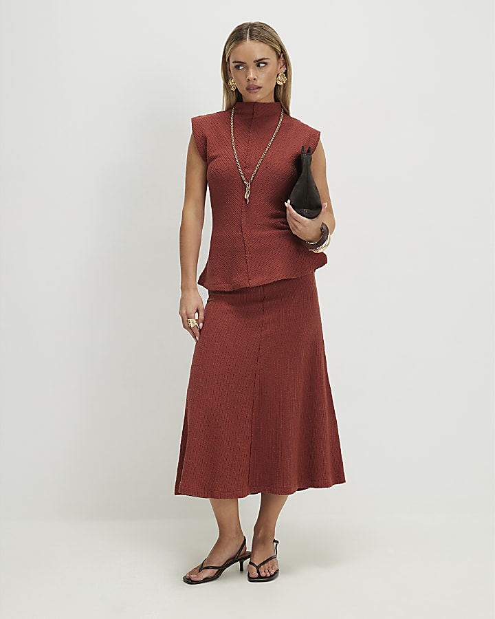 Petite Brown Textured Grown On Neck Top