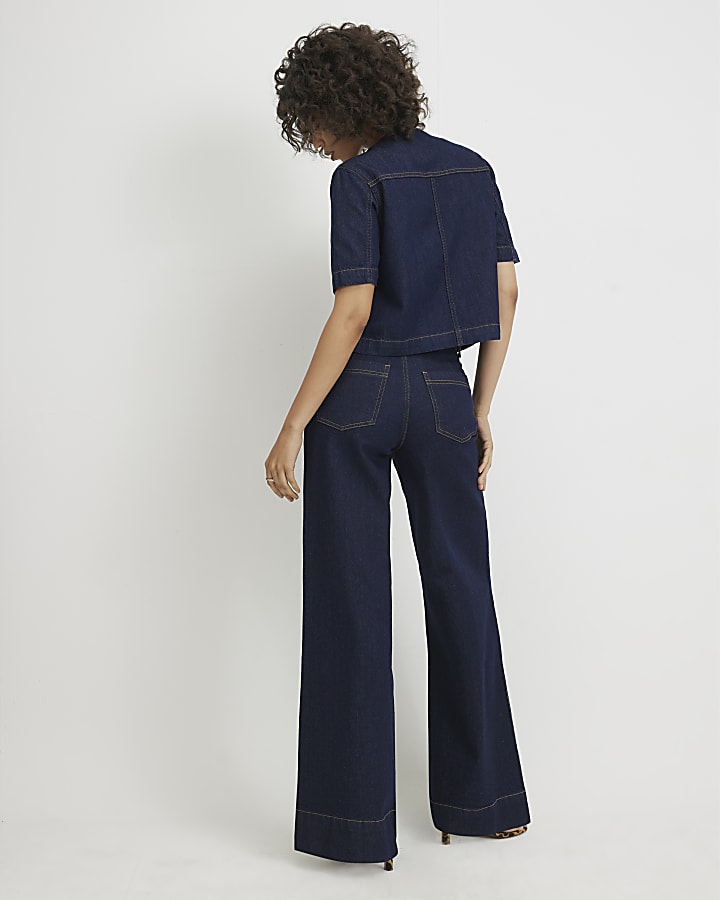 Blue High Waisted Front Pocket Palazzo Jeans