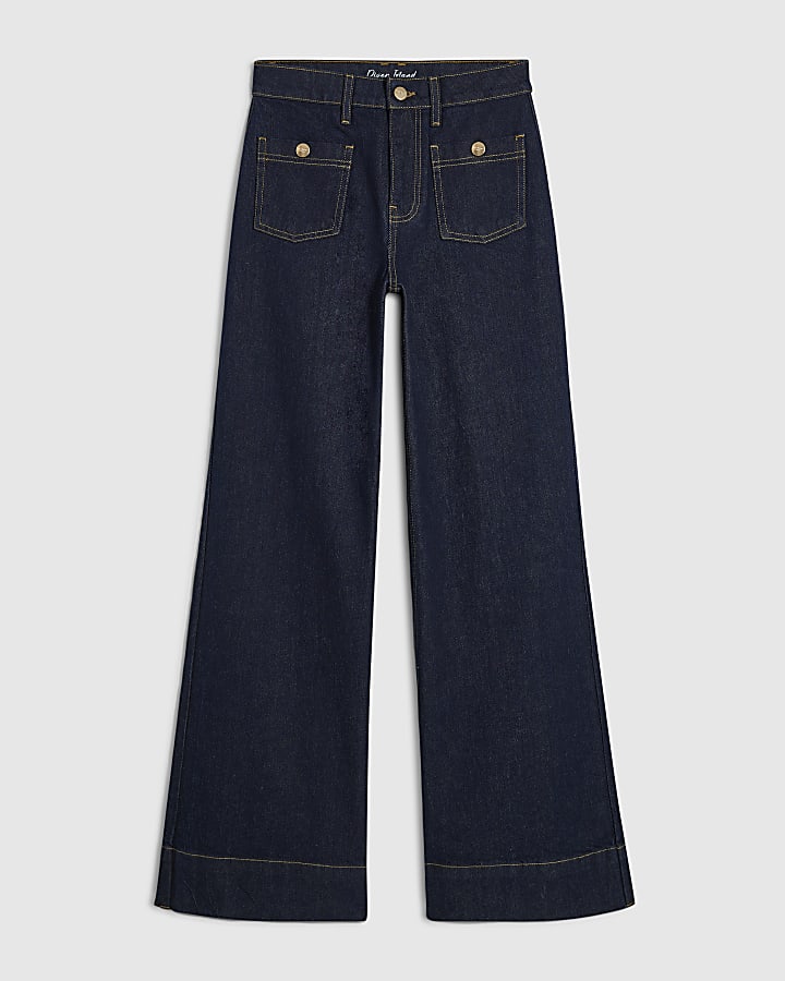 Blue High Waisted Front Pocket Palazzo Jeans