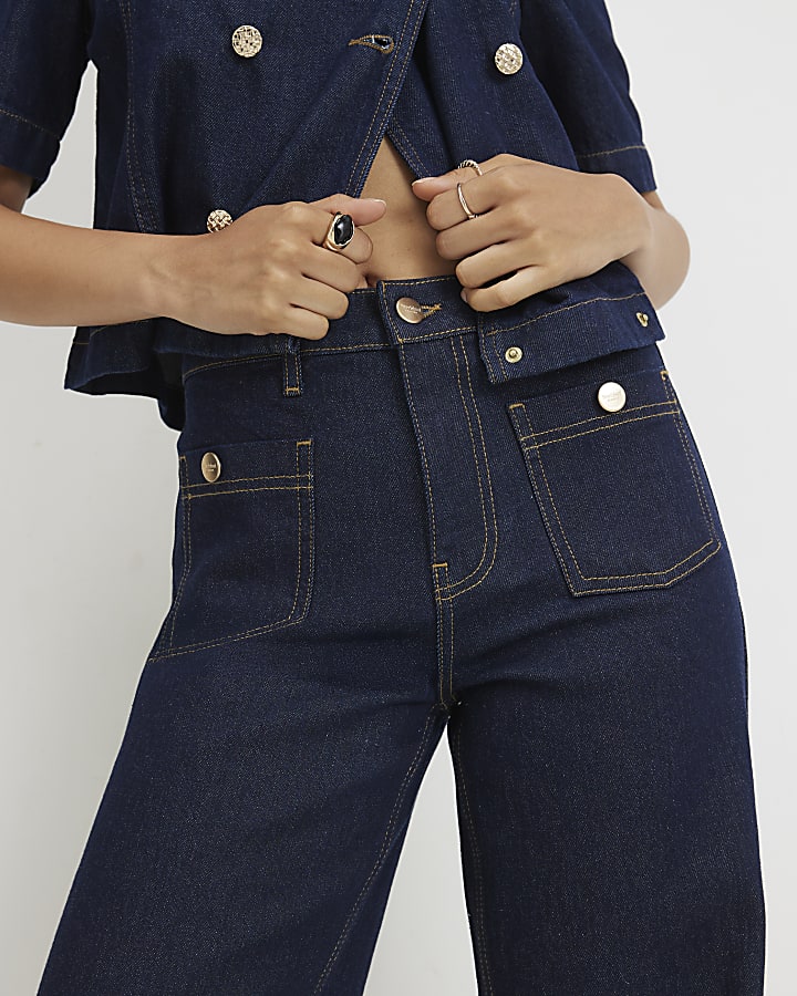 Blue High Waisted Front Pocket Palazzo Jeans