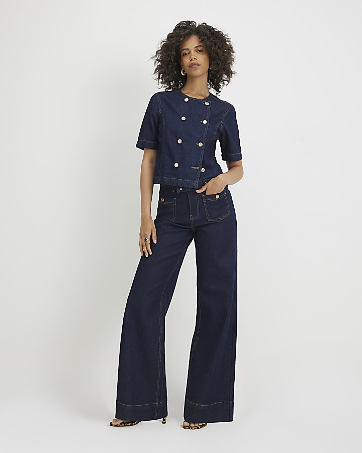 Blue High Waisted Front Pocket Palazzo Jeans