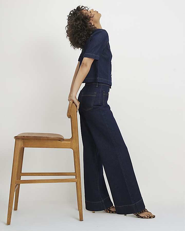 Blue High Waisted Front Pocket Palazzo Jeans