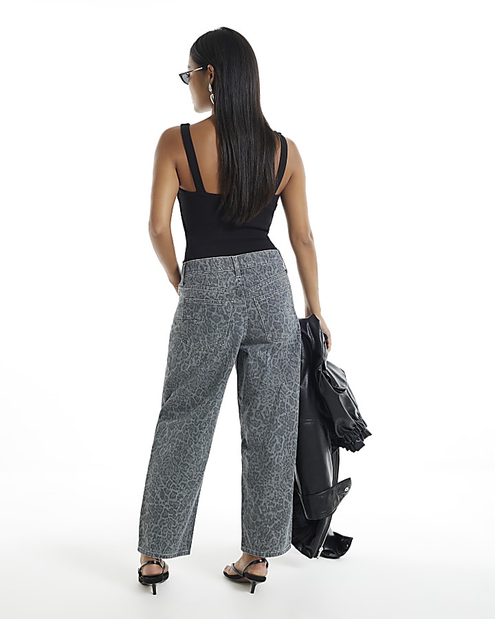 Petite Grey Leopard Print Barrel Leg Jeans
