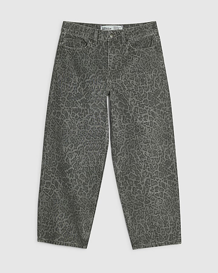 Petite Grey Leopard Print Barrel Leg Jeans