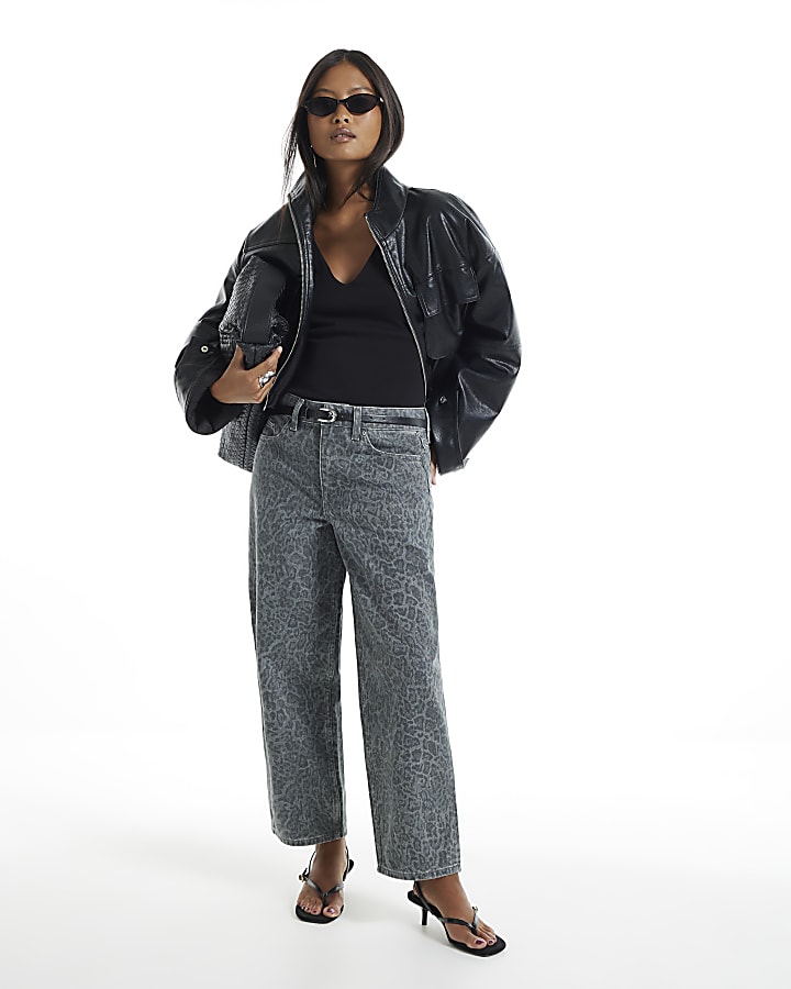 Petite Grey Leopard Print Barrel Leg Jeans