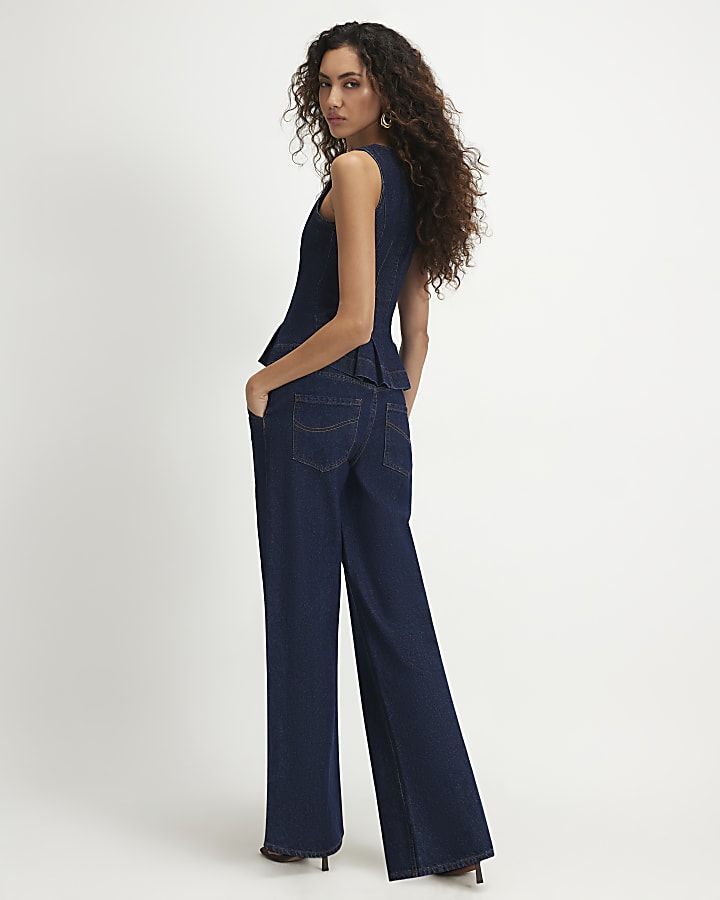 Blue Button Wide Leg Jeans