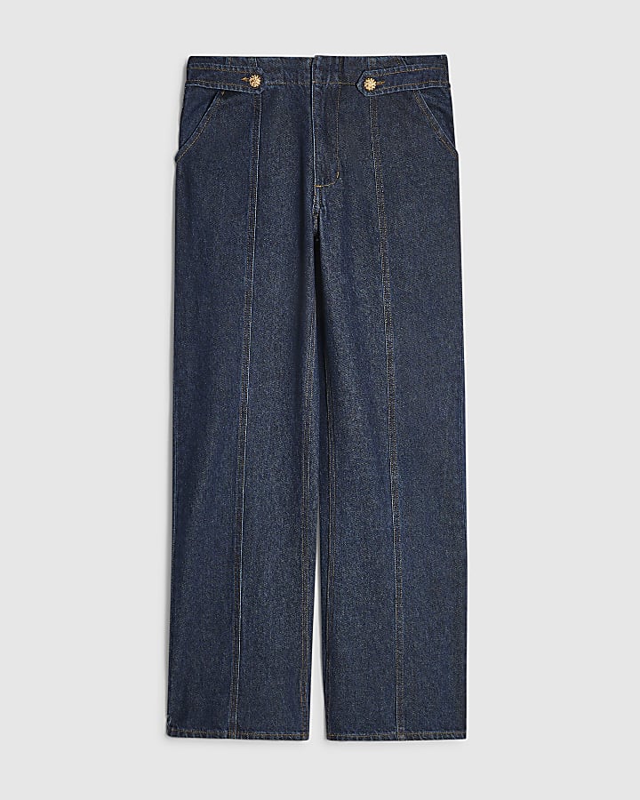 Blue Button Wide Leg Jeans