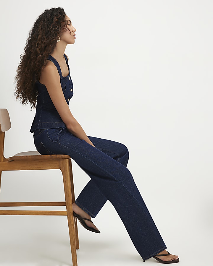 Blue Button Wide Leg Jeans
