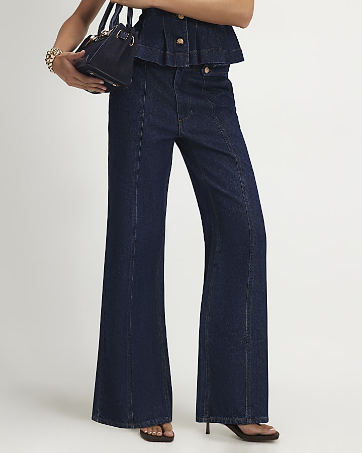 Blue Button Wide Leg Jeans