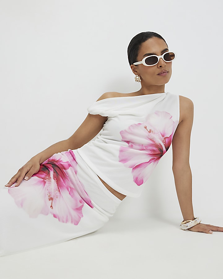 Petite White Mesh Floral Print Top