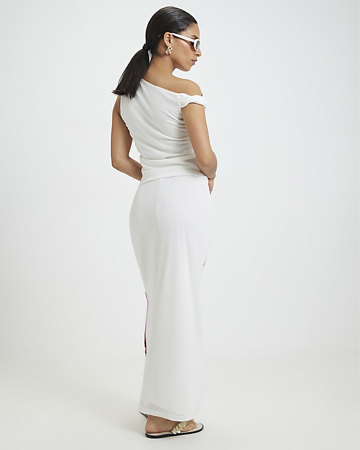 Petite White Mesh Floral Print Maxi Skirt