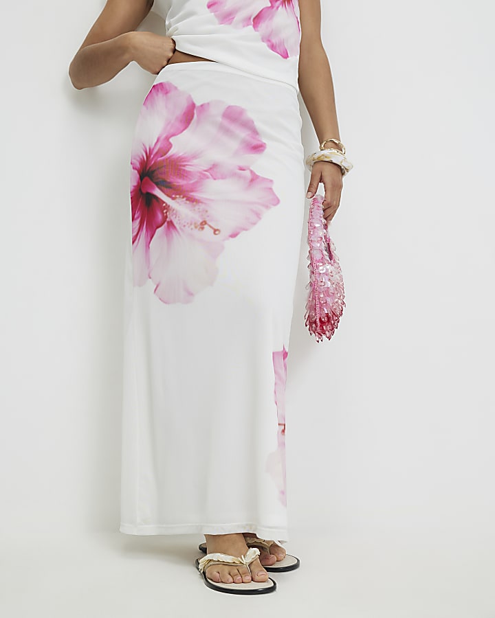 Petite White Mesh Floral Print Maxi Skirt