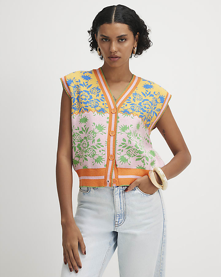 Pink Knitted Floral Waistcoat