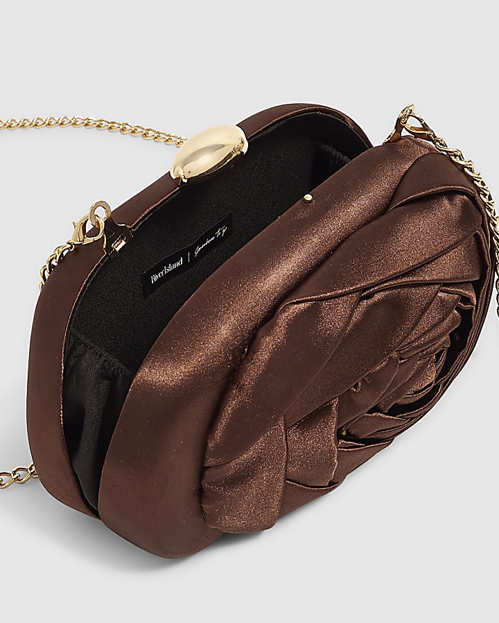 Brown Rosette Hard Shell Clutch Bag