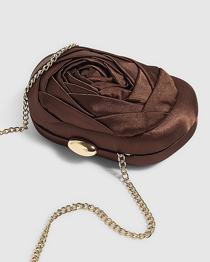 Brown Rosette Hard Shell Clutch Bag