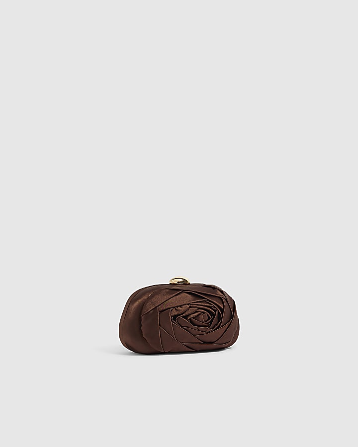 Brown Rosette Hard Shell Clutch Bag