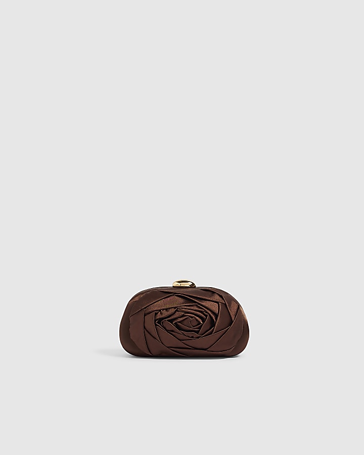 Brown Rosette Hard Shell Clutch Bag